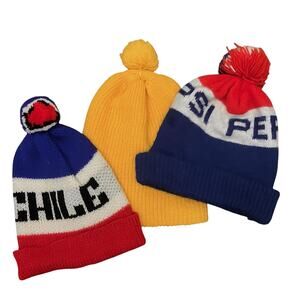 Vintage Pom Pom Winter Beanie Hats Lot: 3 Retro Woven Caps- Pepsi, Chile- Adult